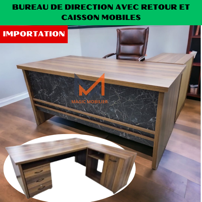 Bureau de direction avec retour mobile et caisson mobile a 3 tiroirs Réf. A0470