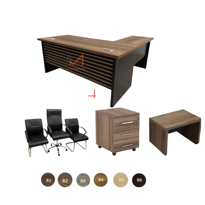ENSEMBLE BUREAU NARAKO Avec retour + caisson + chaises + table basse Réf. A0239