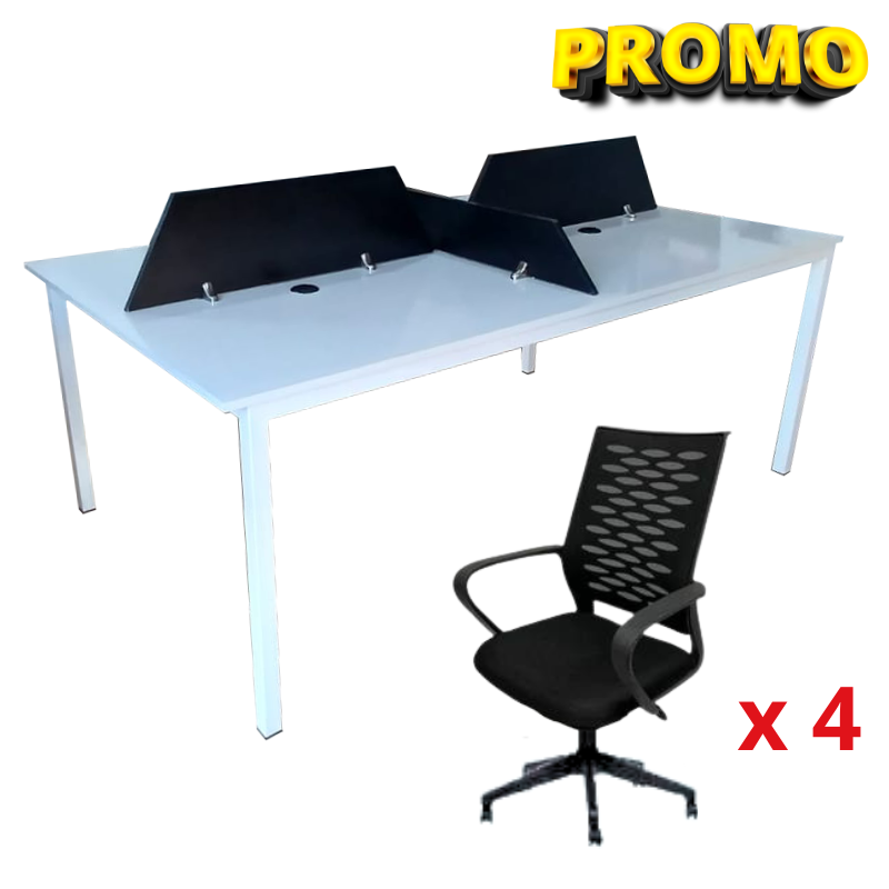 Ensemble BUREAU BENSH semi métallique +4 chaises opérateurs A0407