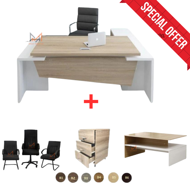 ENSEMBLE BUREAU MADLI  Avec retour + caisson + chaises + table basse