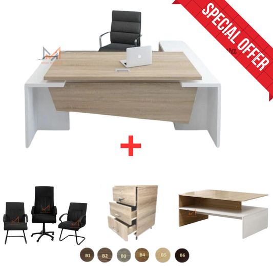 ENSEMBLE BUREAU MADLI  Avec retour + caisson + chaises + table basse