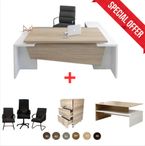 ENSEMBLE BUREAU MADLI Avec retour + caisson + chaises + table basse