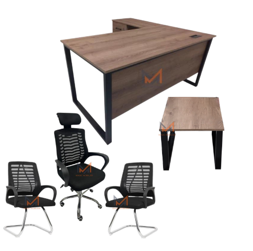 Ensemble bureau BRAWNI Avec retour + caisson + 3 chaises + table basse Réf. A0318