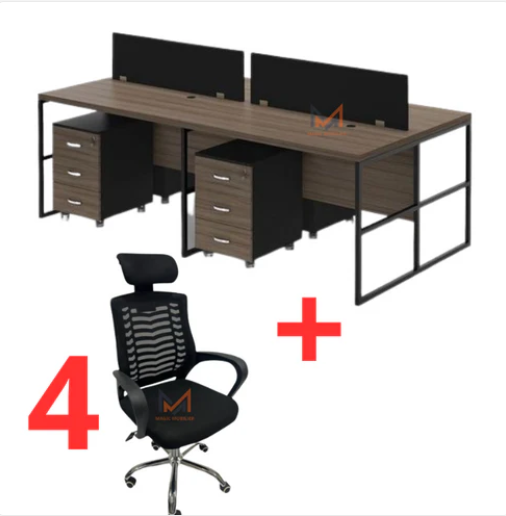 BUREAU BENSH semi métallique +4 chaises opérateurs avec têtière A0310