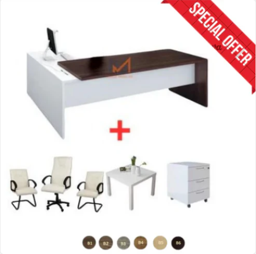 ENSEMBLE BUREAU VERRE Avec retour + caisson + chaises + table basse A0302