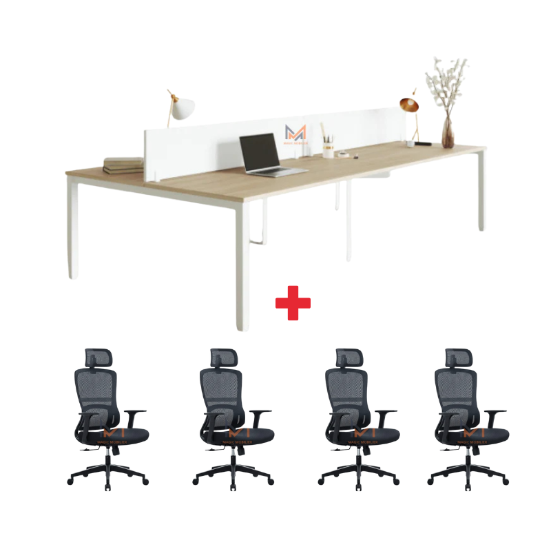 Ensemble BUREAU BENSH semi métallique +4 chaises opérateurs A-2026-1845