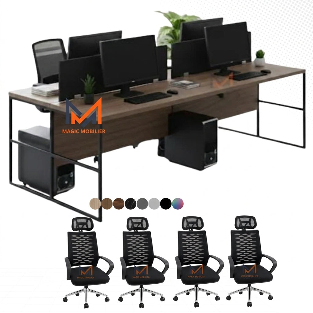 BUREAU BENSH semi métallique +4 chaises opérateurs avec têtière A0310