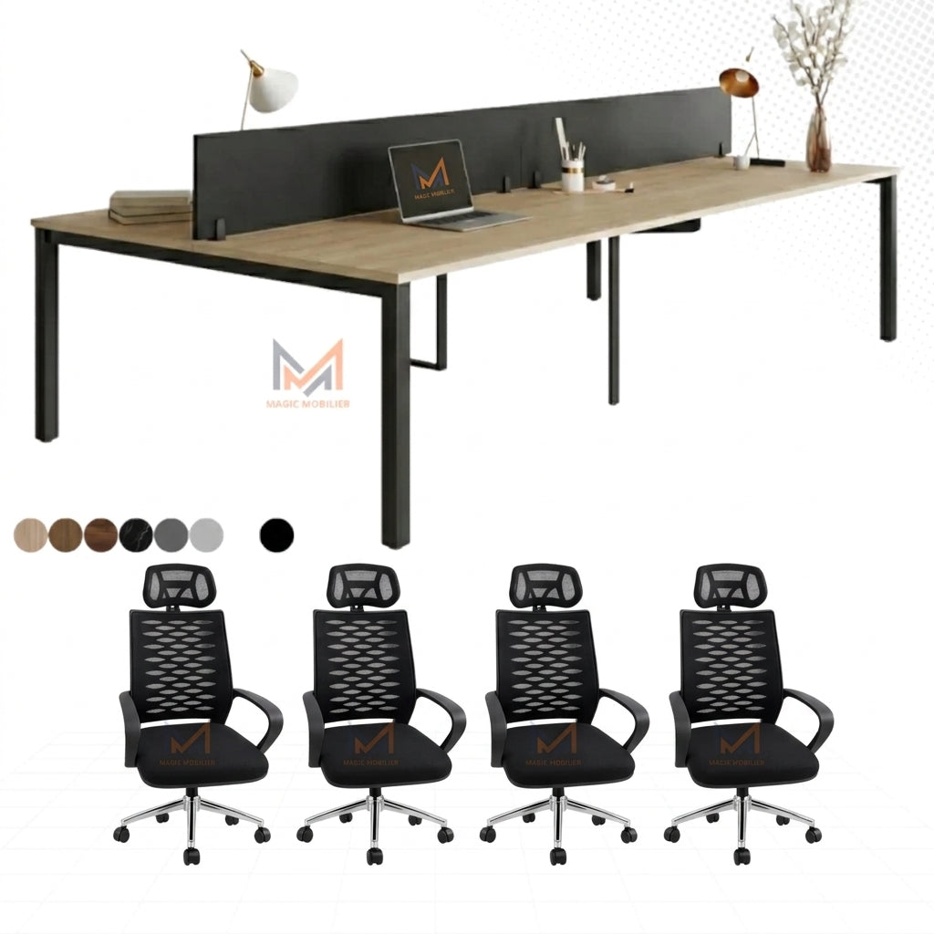 Ensemble BUREAU BENSH semi métallique +4 chaises opérateurs A0311