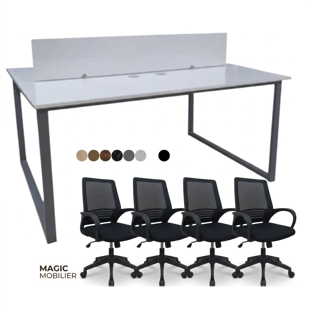 Ensemble BUREAU BENSH semi métallique +4 chaises opérateurs A0406