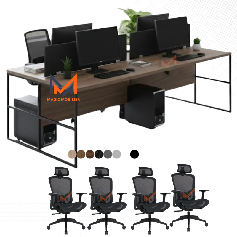 BUREAU BENSH semi métallique +4 chaises opérateurs avec têtière A0310