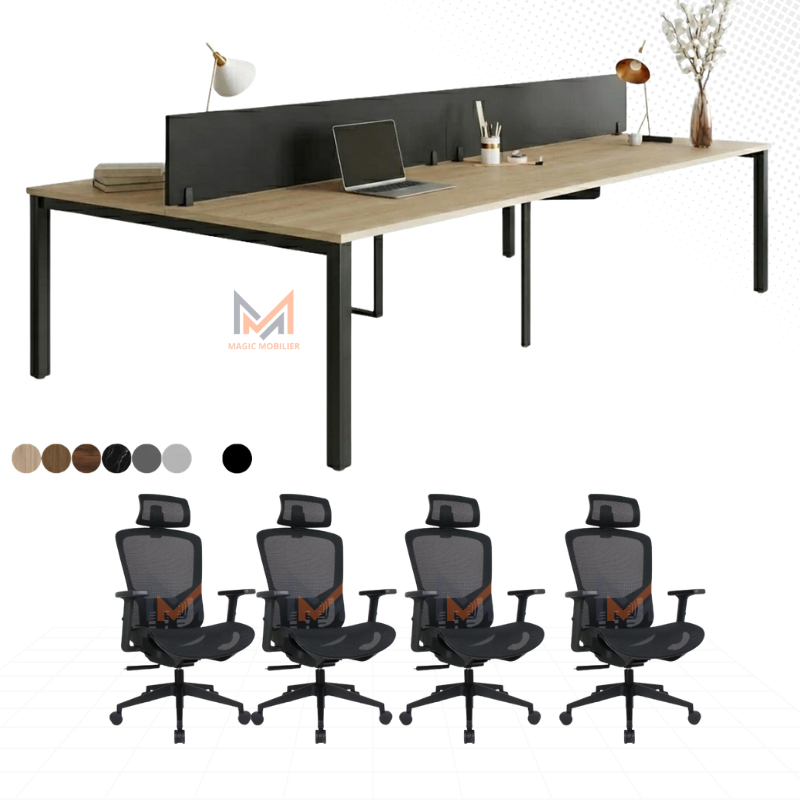 Ensemble BUREAU BENSH semi métallique +4 chaises opérateurs A0311