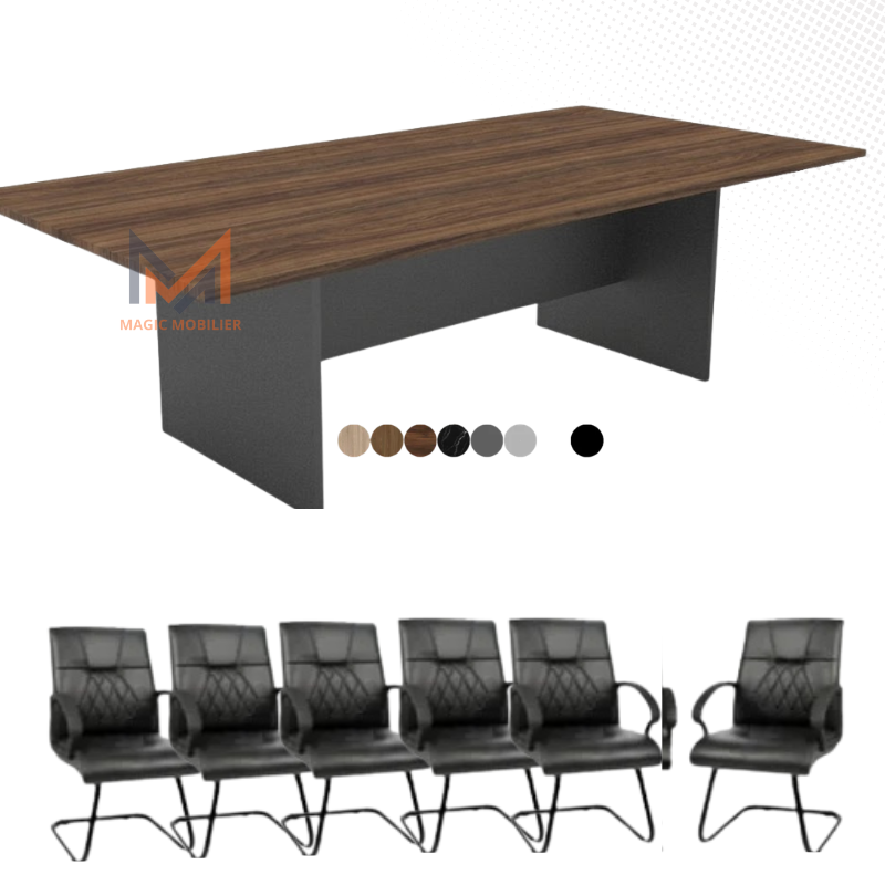Ensemble Table de réunion rectangulaire en Bois + 6 Fauteuils A0801
